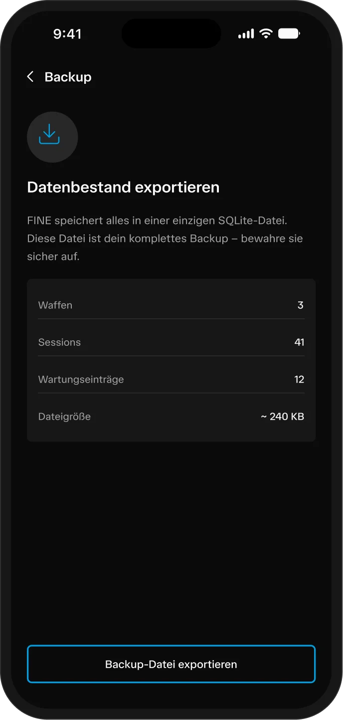 App screen: exporting a data backup