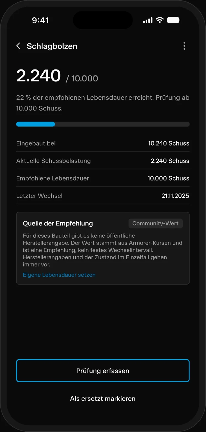 App screen: firing pin at 22 percent of its recommended service life