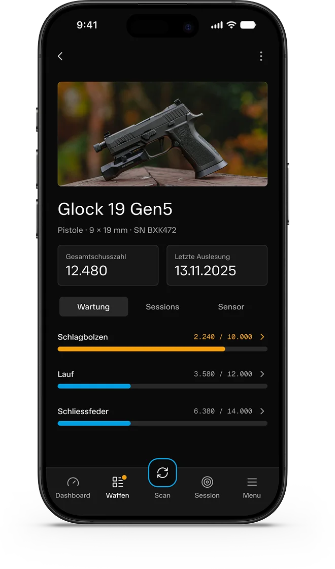 App screen: firearm detail with wear of firing pin, barrel and recoil spring
