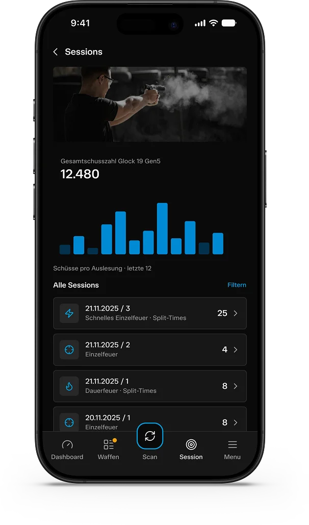 App screen: shot count per reading and list of all sessions