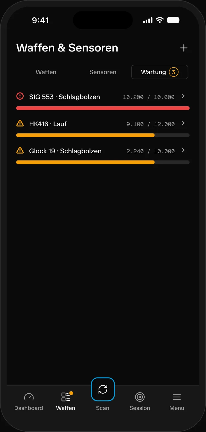 App screen: maintenance overview with wear per component