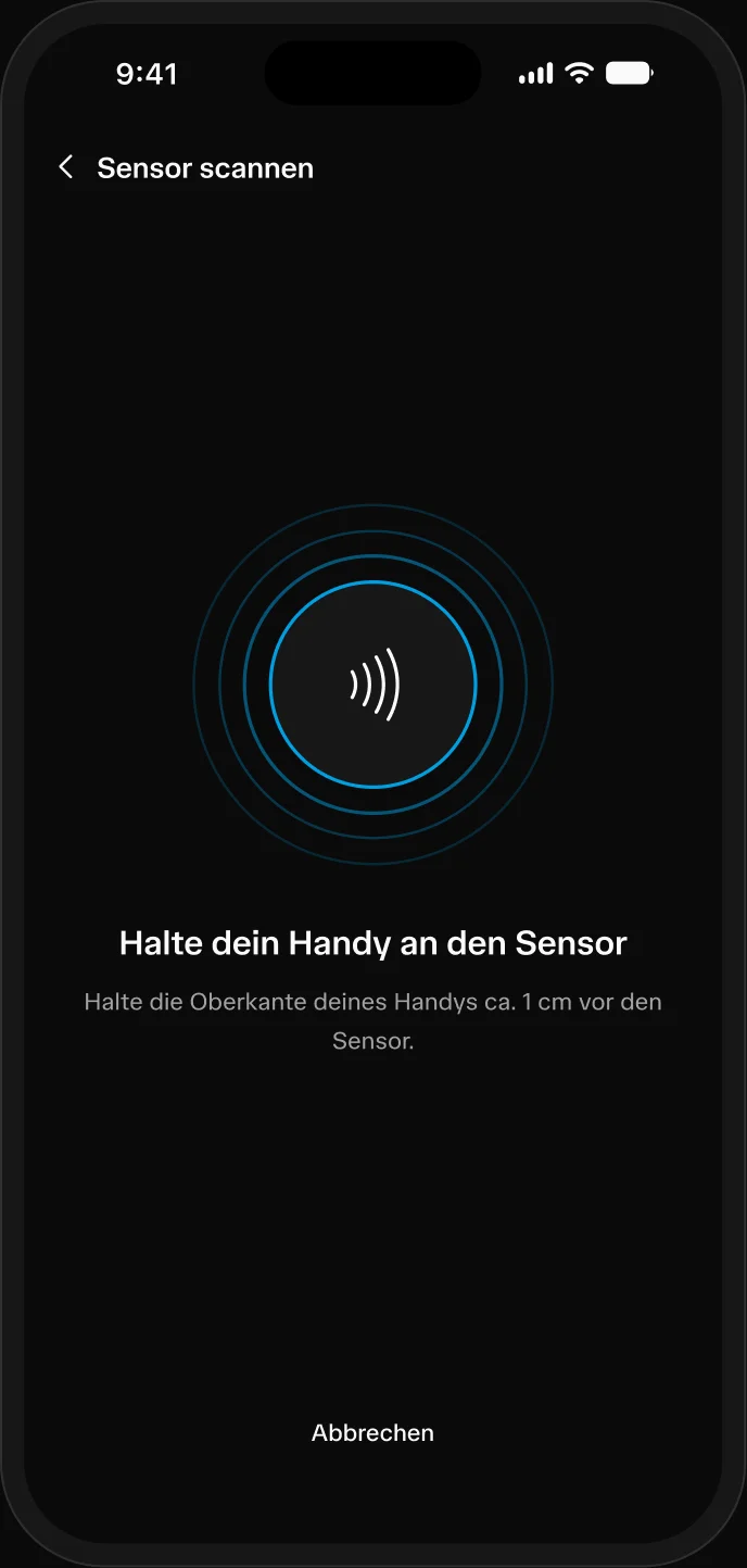 App screen: prompt to hold the phone to the sensor