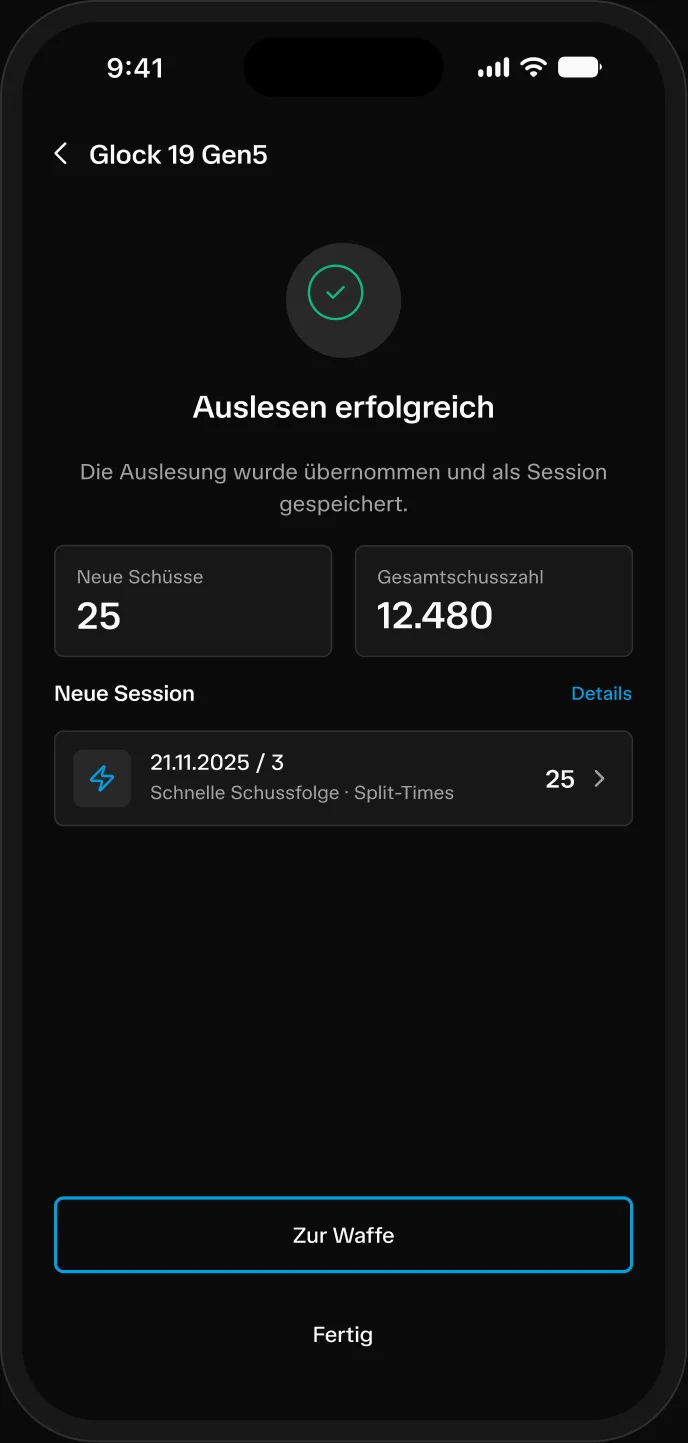 App screen: reading completed, new shots saved as a session