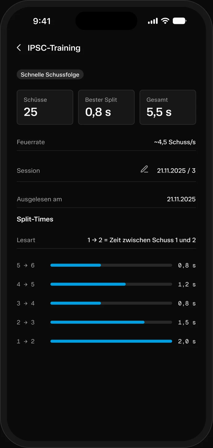 App screen: session detail with split times